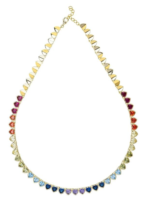 Rainbow heart gemstone gold necklace.
