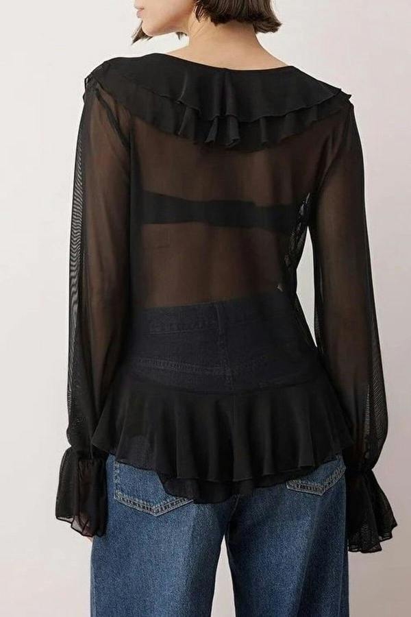WOVCOR Tulle V-Neck Regular Flexible Knit Blouse with Ruffle Detail
