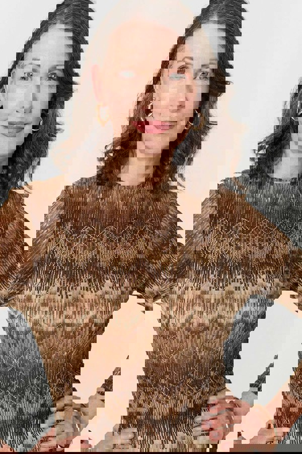 Brown | Sparkly Embellished High Neck Fitted Top
