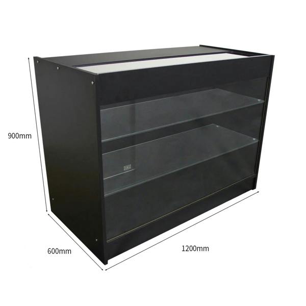 K1200 Retail Product Display Cabinet in sleek black, featuring three glass shelves and a modern design, ideal for showcasing merchandise