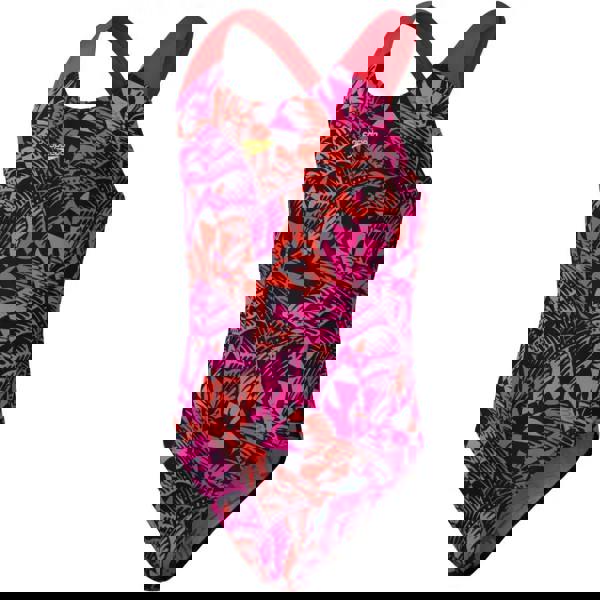 Speedo Girls Placement Allover Splashback Swimsuit in black pink with leaf pattern