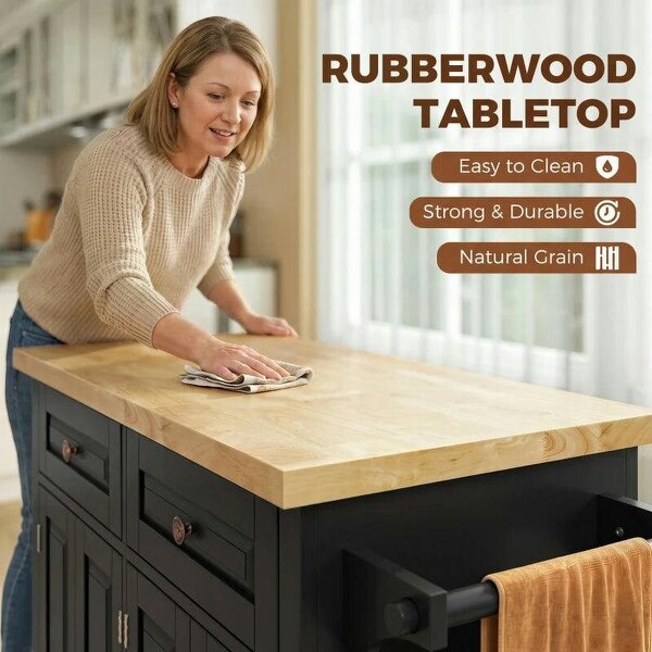 Kitchen Island on Wheels, Rolling Kitchen Trolley with Rubberwood Top, 2 Drawers, Adjustable Shelves, Black