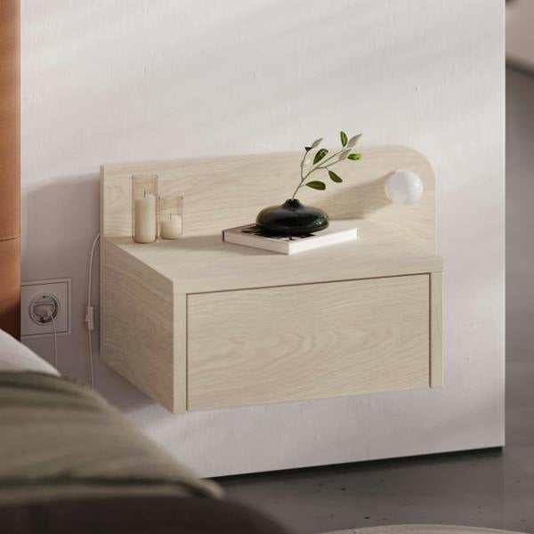 Decortie Floating Bedside Table with Drawer, LED Light in 3-Tones 33.5cm Wall-mount Bedroom Storage Unit