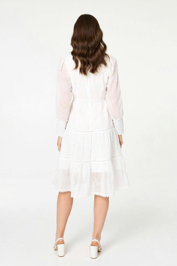 White | Embroidered Tiered Knee Length Dress