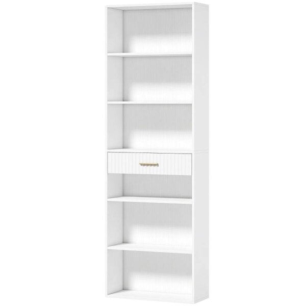Bookcase Narrow Tall Space-Saving Bookshelf Drawer Open Shelves 60 x 24 x 182 cm White