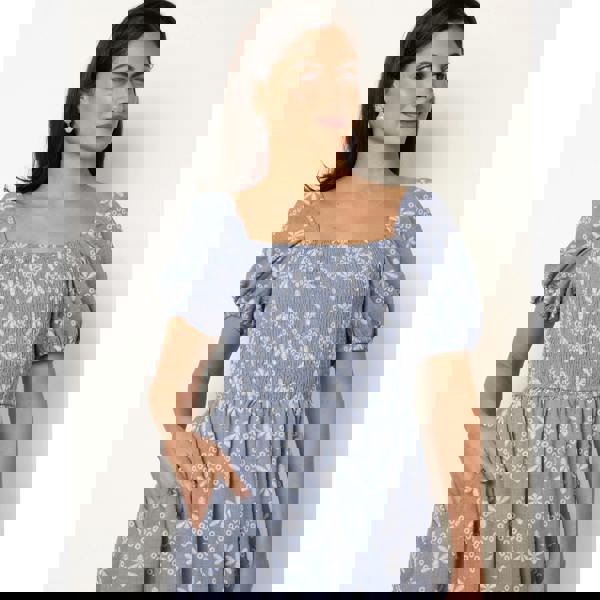 Blue Vanilla Embroidery Puff Sleeve Midi Dress