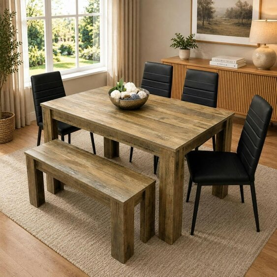Kosy Koala Dining Table Set for 6 ? Rustic Wood Table with 4 Black Chairs and 1 Bench