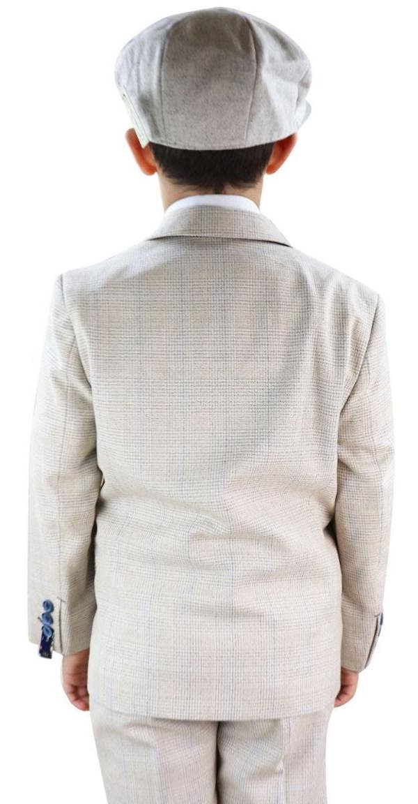 House of Cavani Boys 3 Piece Cream Herringbone Tweed Check Classic  Suit