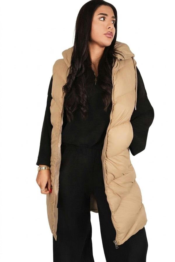 Naloria Longline Hooded Puffer Gilet - Mocha_wb