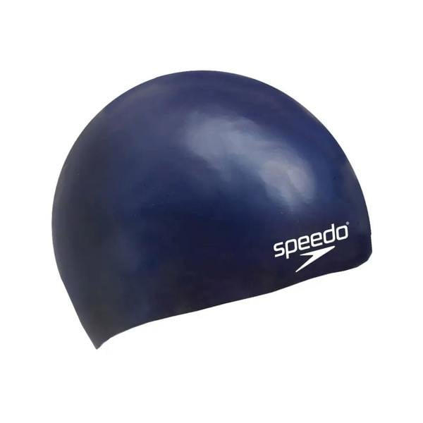 Speedo Junior Plain Moulded Silicone Cap in navy blue with white logo