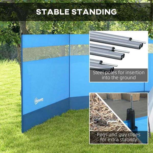 Blue camping windbreak screen with steel poles for assembly and ground stability