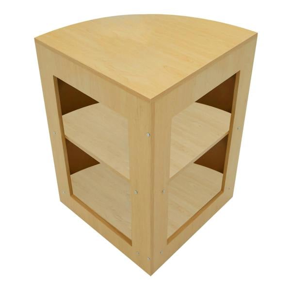 Triton LED Shop Counter Set featuring a maple finish, curved top, open shelving, and smooth texture for modern retail displays