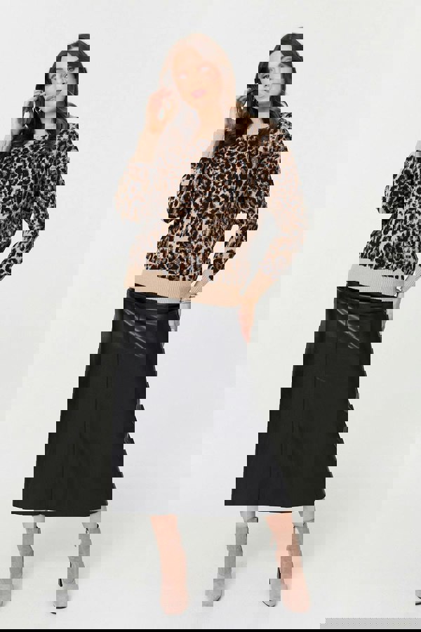 Beige | Animal Print Contrast Hem Knit Jumper