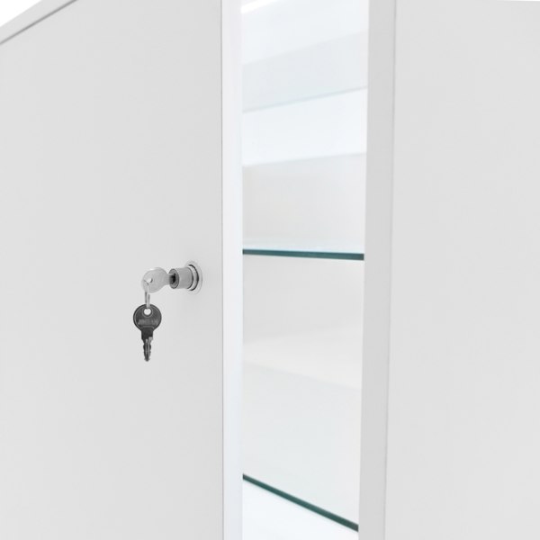 White LED retail shop counter K1500 with a key in the lock, showcasing sleek design and glass shelves inside