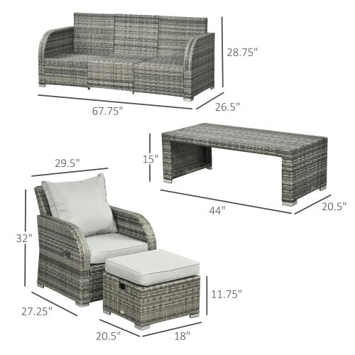 Wyld Haus Tanette Rattan Grey 7 Seater Outdoor Sofa Set With Reclining 2 Armchairs And 2 Stools