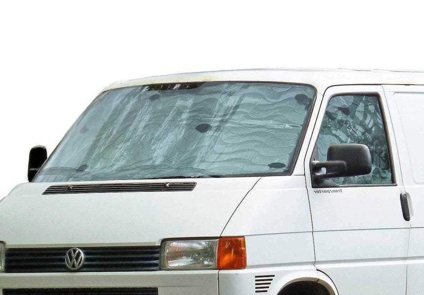 The OLPRO VW T4 Internal Silver Blind Set on a Volkswagen T4 with a white background.