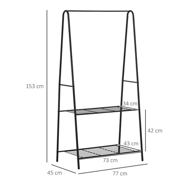 Black metal coat rack with A-shaped frame and 2-tier shelves, size shown