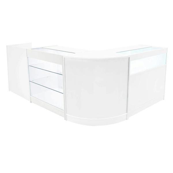 Polaris LED Shop Counter Set in white, featuring sleek curved design, glass display shelves, and modern LED lighting for retail use