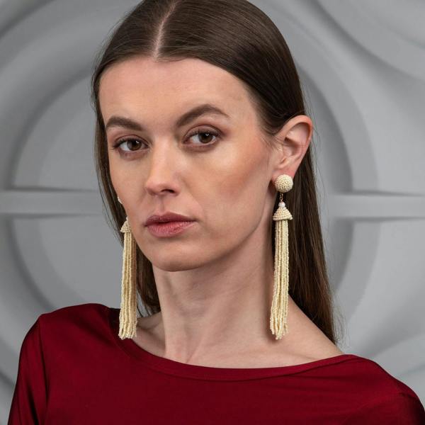 Long Off White Beaded Tassel Earrings for Women - namana.london