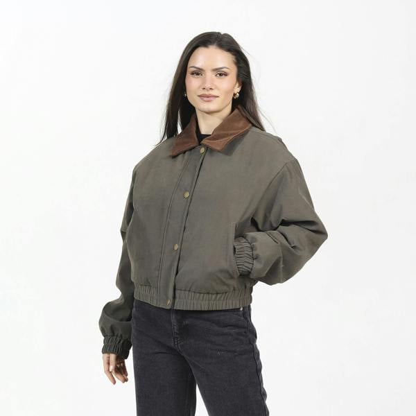 Brave Soul Khaki Twill Bomber Style Jacket with Cord Collar - Khaki Image 1