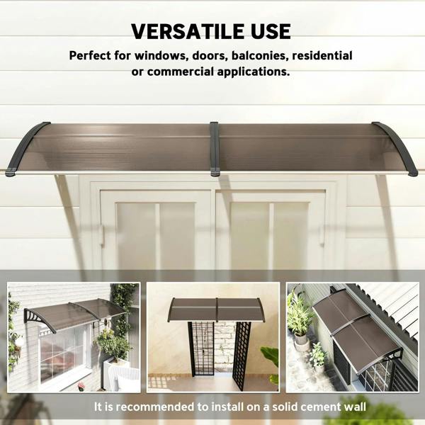 Brown door canopy awning with black top rails and clear panel cover
