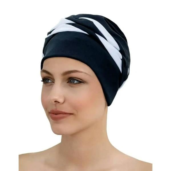 Fashy Braid Fabric Swim Cap in black and white striped twisted design
