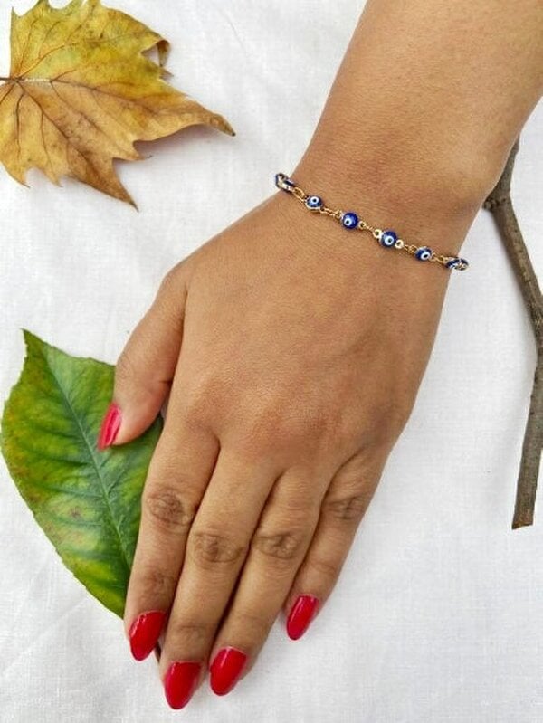 The Colourful Aura Blue Turkish Evil Eye Beaded Charm Protection Minimalist Adjustable Bracelet