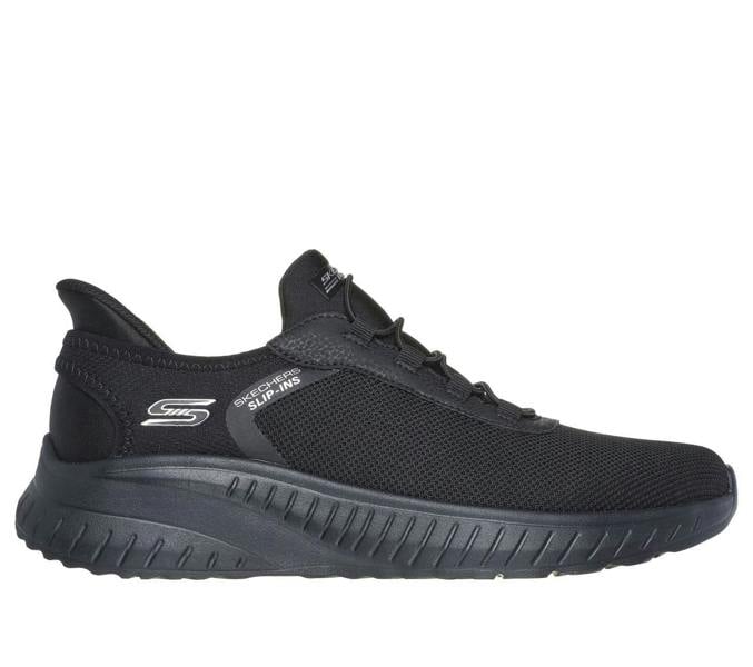 Skechers Bobs Squad Chaos Tough Walk Mens Slip-Ins Casual Trainers, a black slip-on sneaker with a textured mesh upper and flexible sole.