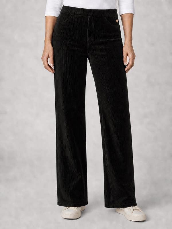 PennyPlain Wide Leg Rib Velour Trousers - Black