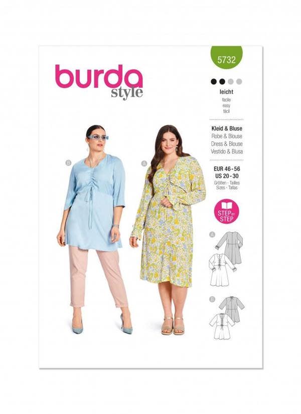 Burda Sewing Pattern 5732 Tops, Tunics and Dresses For Women, 20-30 (46-56) - Easy