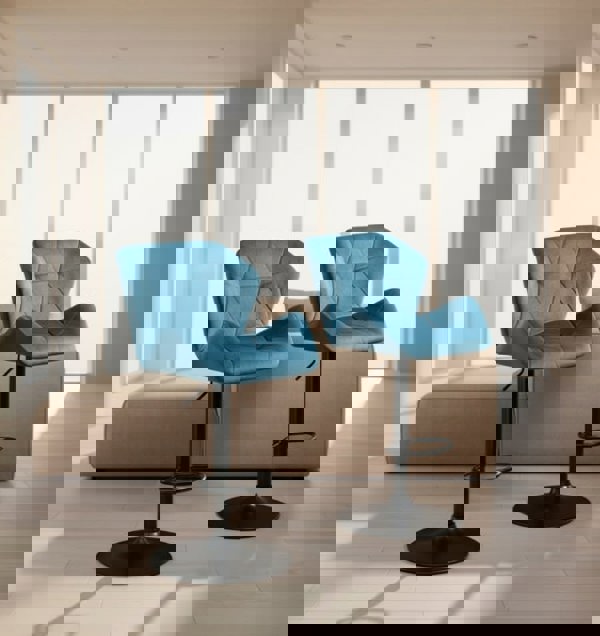 Modcraft Set of 2 Blue Velvet Bar Stools Adjustable Swivel Breakfast Chairs with Footrest & Metal Base