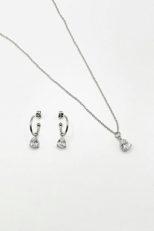 SVNX Rhinestone Teardrop Necklace & Earrings Set in Silver - Gift Boxed