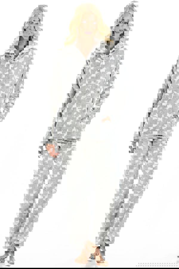 Camille Womens Supersoft Fleece Grey Star Print Pyjama Set