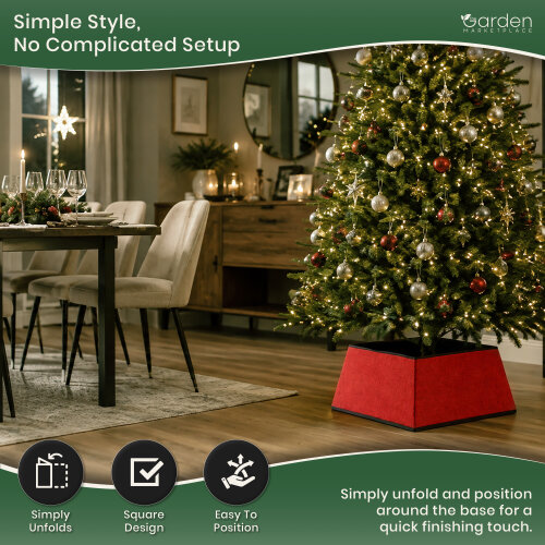 Square Red Christmas Tree Skirt, Cosy Fabric Stand Cover for 1.5–2.1m Trees, Easy Unfold Design, 48cm x 48cm Base, 25cm High