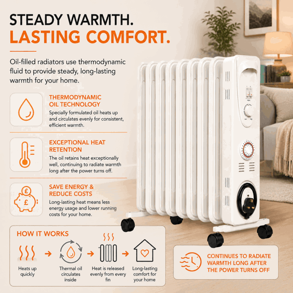 Mylek Oil Filled Electric Portable Heater Radiator with Adjustable Thermostat 2000w With Timer