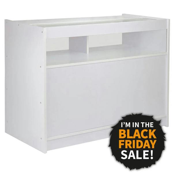 Brilliant white retail shop counter with sleek design, featuring a spacious top and open storage compartments, perfect for displays
