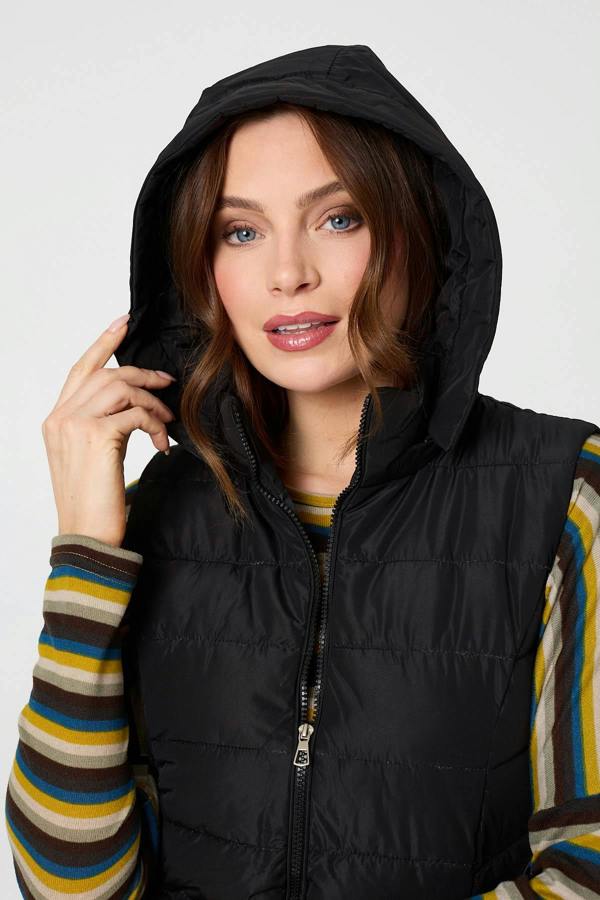 Black | Hooded Padded Sleeveless Puffer Gilet
