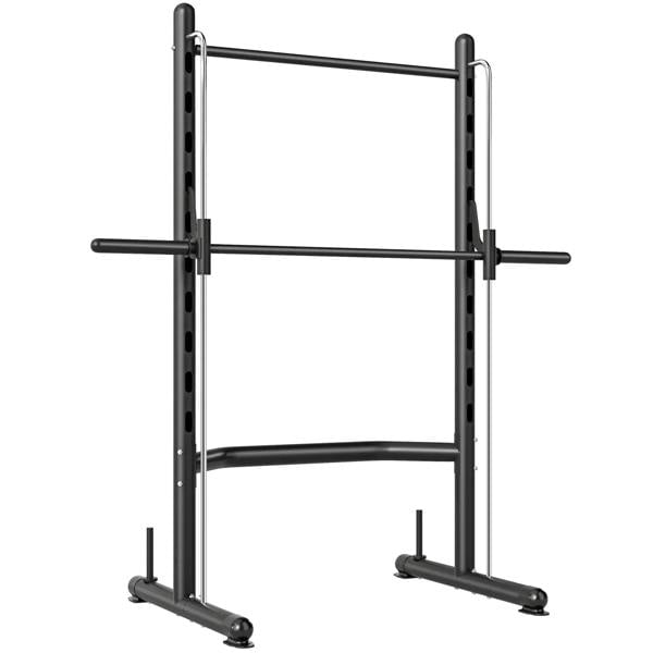 Black adjustable squat rack with pull-up bar and barbell support frame