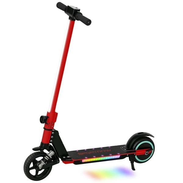 Red folding electric kids scooter with front suspension, dual brakes, LED wheel lights