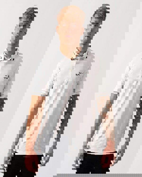 BOSS Green Paul Pro Mens Tipped Polo Shirt - Natural 104 - CHO - Designer Mens Short Sleeve Polo Shirts