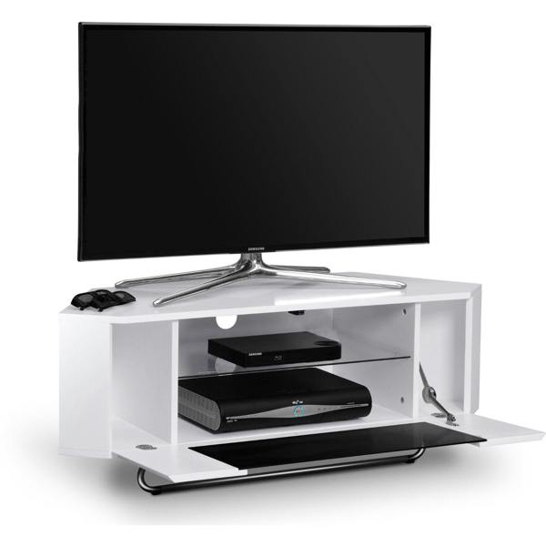 Homeology Hampshire Corner-Friendly Gloss White with Black Glass Beam-Thru Remote Friendly Door 26"-50" Flat Screen TV Cabinet