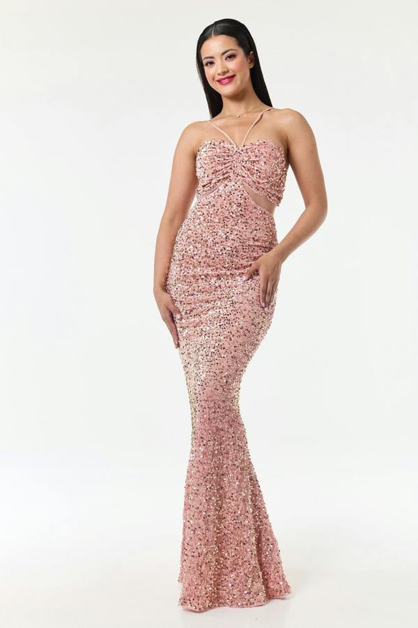 LuvForever Rose Pink Bandeau Sequin Maxi Dress