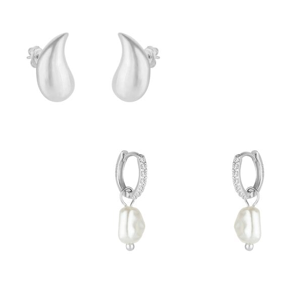 Spero London Pear Teardrop And Huggie Pearl Drop Earrings in Sterling Silver - Silver