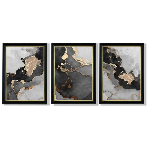 Artze Wall Art Framed Set of 3 Abstract Art prints of Paintings Black Grey and Gold