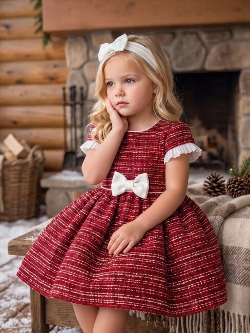DRESS & Fleur Baby Girls Short Sleeved Tweed Dress in Red