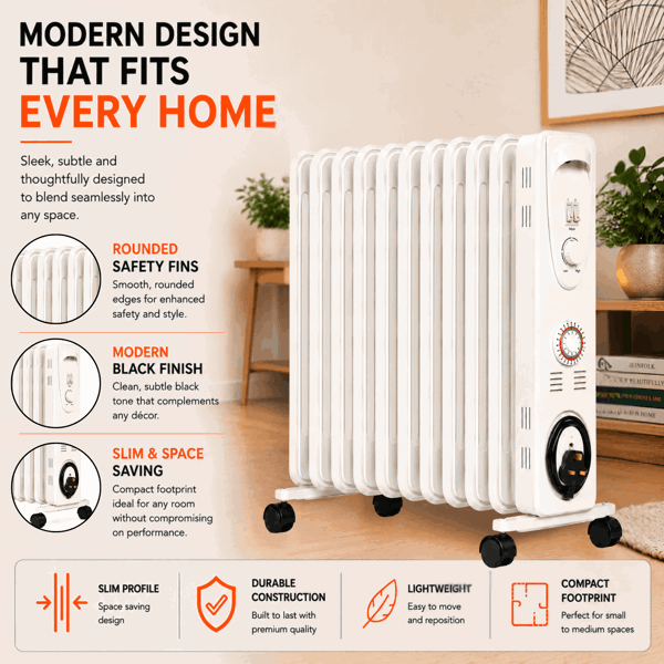 Mylek Oil Filled Electric Portable Heater Radiator with Adjustable Thermostat 2500w