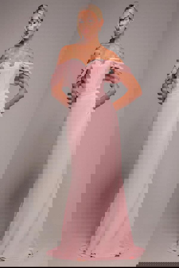 Off The Shoulder Draped Sleeve Maxi Dress With Diamante Neckline - Blush Pink DR4588
