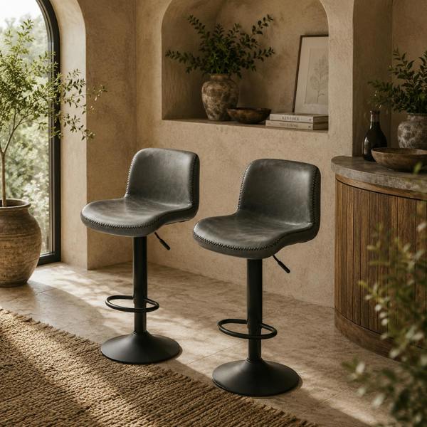 Wyld Haus Moretta Faux Leather Dark Grey Bar Stools Set Of 2 With Backrest And Integrated Footrest