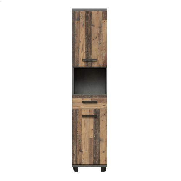 Furniture To Go Veris Tall Narrow Bathroom Cupboard with 2 Doors & 1 Drawer in Walnut and Dark Grey