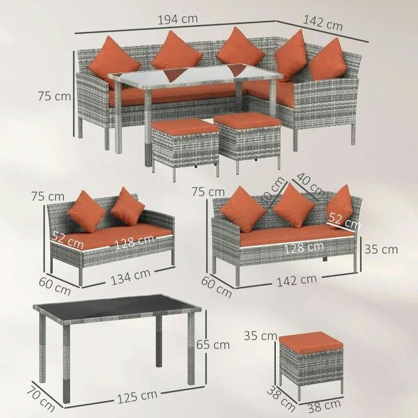 6-Seater Rattan Dining Set Sofa Table Footstool Outdoor w/ Cushion Garden Furniture, Orange